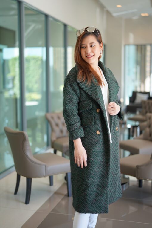 W. LUXURY GREEN WOOL LONG COAT SIZE S,M