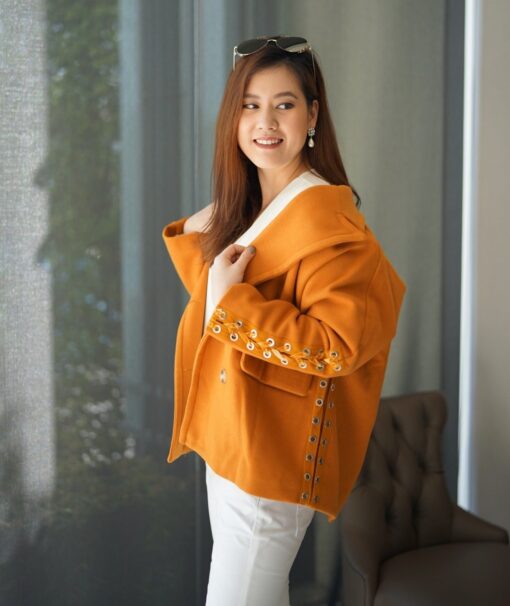 W. MUSTARD WOOL SHORT COAT WITH PIN DETAIL SIZE M