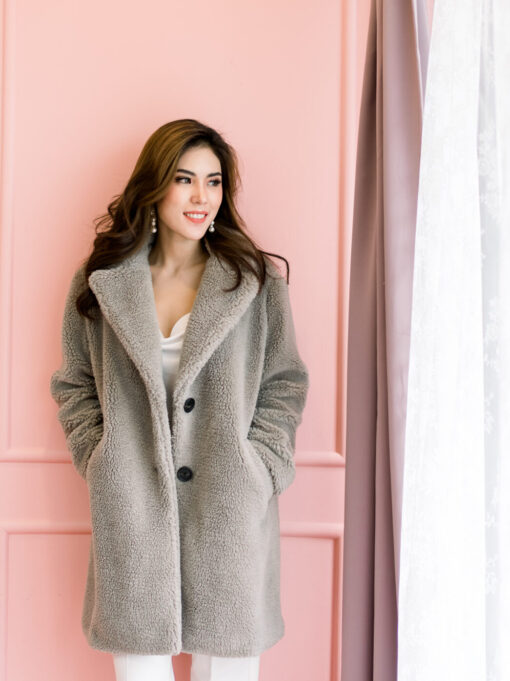 WOMEN ZARA GREY FAUX FLEECE COAT
