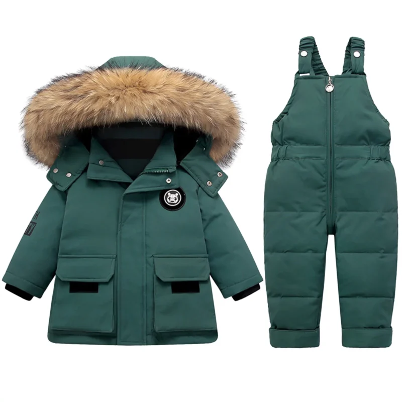 TODDLER GIRLS SNOWSUIT 2-PIECE KIDS WHITE DUCK DOWN JACKET WINTER HOODED COAT + SNOW BIB PANTS BABY BOYS WINDPROOF SKIING SUIT